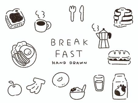 洋食な朝ごはんの手描き線画イラストセット 朝ごはん,朝食,朝,食卓,手描き,おしゃれ,線画,セット,食べ物,カトラリーのイラスト素材