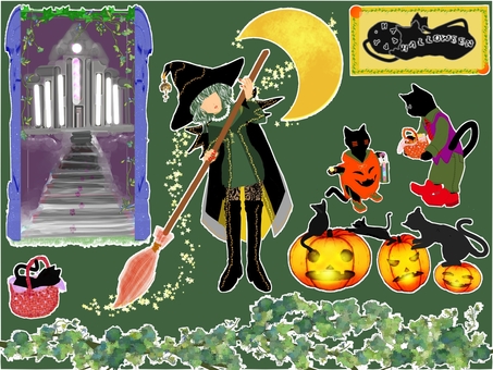 ハロウィーンの魔女っ子２ イラスト,女の子,魔女,ウェービングヘアー,緑色,ミニスカート,レース,ロングブーツ,三角帽子,マントのイラスト素材