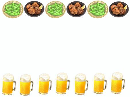 ビール、枝豆、からあげの上下フレーム 枝豆,ビール,からあげ,フレーム,背景,壁紙,えだまめ,唐揚げ,ザンギ,生ビールのイラスト素材