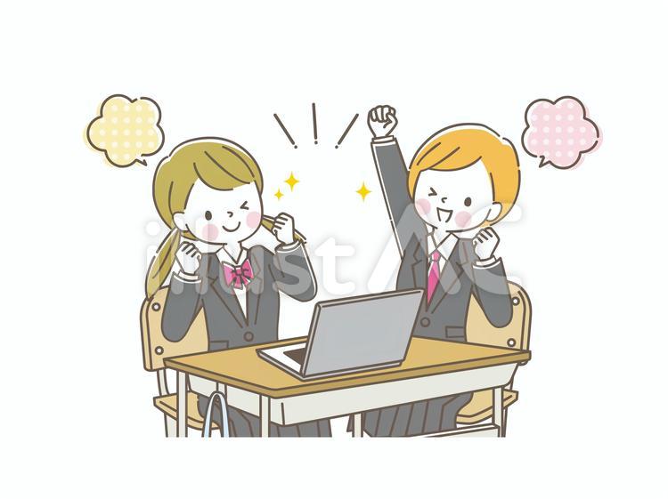 PCで一緒に勉強する女子学生のイラスト 学生,ノートパソコン,吹き出しのイラスト素材