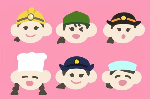 働く女の子 女の子,女性,コックさん,調理師,警察官,鉄道職員,運転士,看護師,ナース,安全ヘルメットのイラスト素材