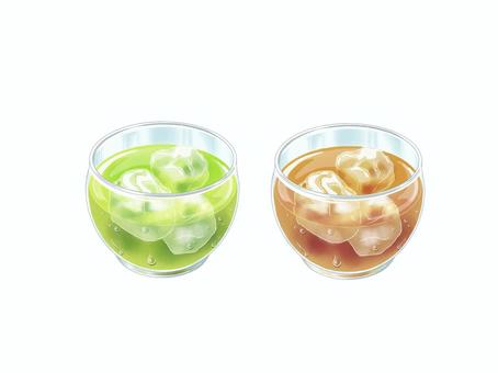 冷たい麦茶と緑茶のイラスト お茶,麦茶,緑茶,夏,冷たい,飲み物,氷,コップ,ガラス,水滴のイラスト素材