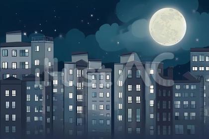 ビル群 夜空に満月
