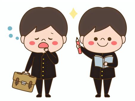 学校人物イラスト＜眠気とやる気＞ 眠気,やる気,眠い,制服,学ラン,学校,冬服,学生,生徒,中学校のイラスト素材