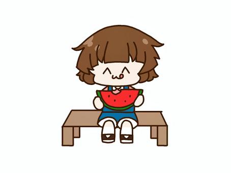 おいしいスイカを食べている女の子 スイカ,食べる,美味しい,女の子,子供,座る,ベンチ,椅子,手描き,かわいいのイラスト素材