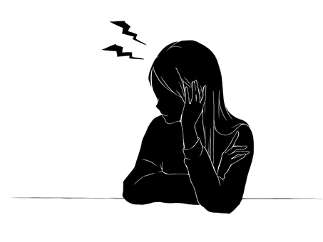 女性4 女性,シルエット,悩み,考え事,頭痛,低気圧,生理痛,気象病,耳鳴り,体調不良のイラスト素材