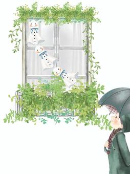 雨の日の散歩(雨粒の描写無し) 窓,サッシ,梅雨,植物,女の子,雨,てるてる坊主,窓辺,ガラス窓,雨降りのイラスト素材