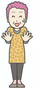  手を振ってごまかしているおばちゃん ごまかす,おばちゃん,大阪,ヒョウ柄,おばはん,中年,女性,関西,派手,おばさんのイラスト素材