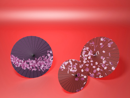 梅の花が舞う和傘の七五三の背景・赤 傘,和柄,背景,梅,七五三,花,舞う,柄,秋,和傘のイラスト素材