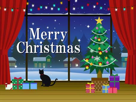 静かなクリスマスの夜（室内） クリスマス,クリスマスツリー,クリスマスプレゼント,冬,もみの木,猫,冬景色,室内,窓,雪景色のイラスト素材