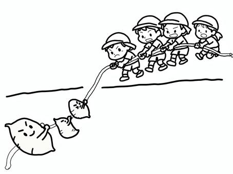 おいもと力比べ（芋ほり） 芋ほり,サツマイモ,幼児,つなひき,秋,線画のイラスト素材