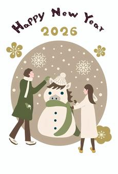 ２０２６年午年の年賀状（あいさつ文無し） 年賀状,馬,2026年,午年,雪だるま,happy,new,year,寒中見舞い,お正月のイラスト素材