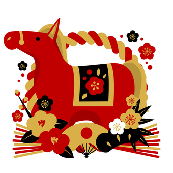 zodiac26119 馬,午年,しめ飾り,梅,扇子,椿,松,年賀状,花,和風のイラスト素材