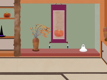 床の間のイラスト　ハロウィン飾り 床の間,和室,日本間,建築,室内,空間,木材,柱,床柱,床板のイラスト素材