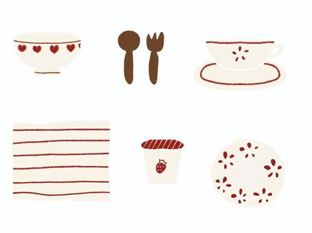 キッチン雑貨のセット 雑貨,キッチン,用品,セット,皿,カトラリー,スプーン,カフェオレボウル,フォーク,ジャムのイラスト素材