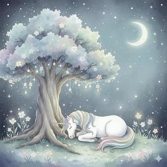 夜の森で眠るユニコーン　キラキラ　星空
