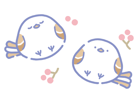 赤い実とパステルシマエナガ2羽 シマエナガ,鳥,野鳥,生き物,動物,自然,木の実,植物,バードウォッチング,観察のイラスト素材