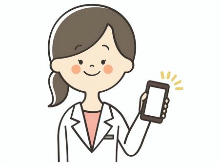 スマホを持った白衣の女性 医者,医師,女医,スマホ,画面,見せる,登録,誘導,紹介,案内のイラスト素材