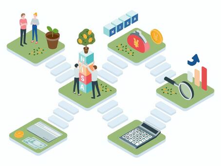 アイソメトリック_投資・資産運用 アイソメトリック,立体,アイソメ,斜め上,資産形成,貯蓄管理,投資信託,証券口座,家計改善,増益プランのイラスト素材