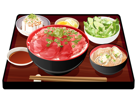 ネギトロ鉄火丼定食 ネギトロ鉄火丼,定食,料理,食べ物,丼物,ネギトロ,マグロ,刺身,味噌汁,アサリのイラスト素材
