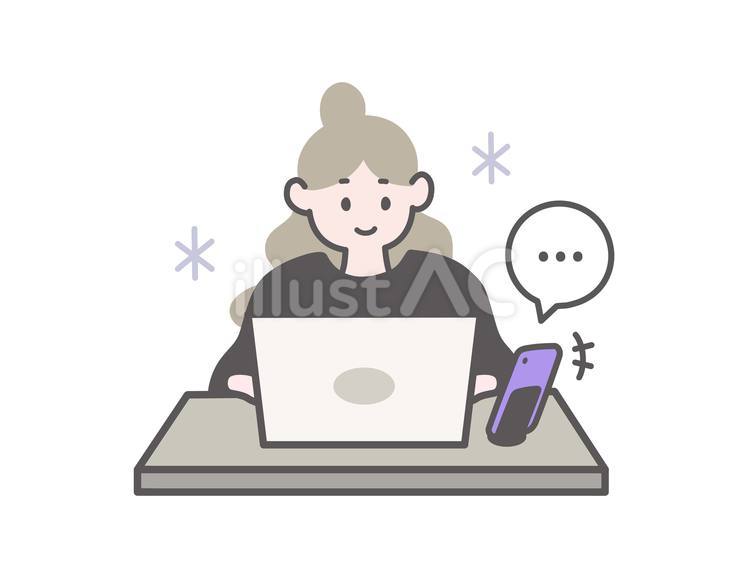 AIに聞きながらPCで作業する女の子 スマホ,携帯,スマートフォンのイラスト素材