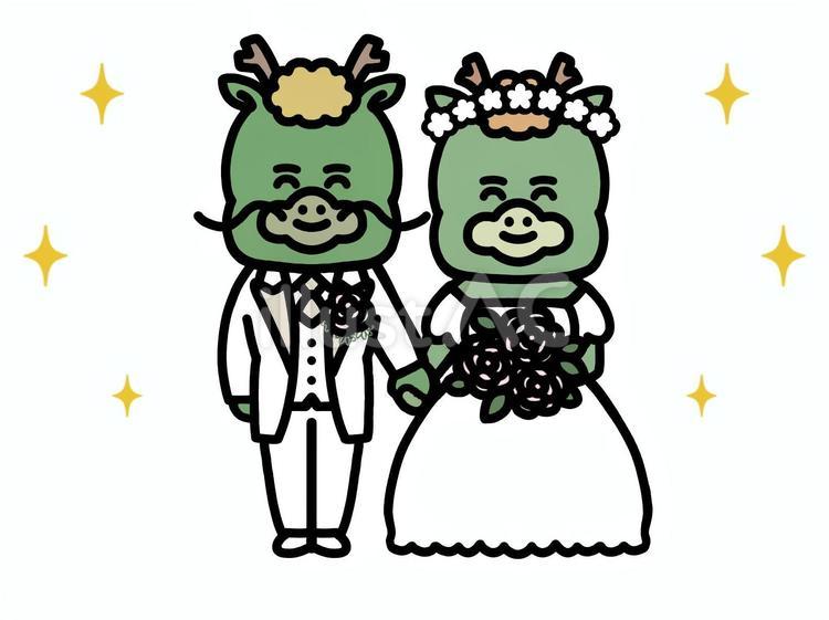 新郎新婦の龍②(笑顔で手つなぎポーズ) 辰,ドラゴン,結婚のイラスト素材