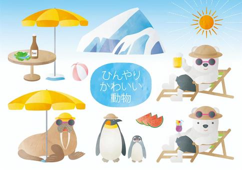 水彩風-ひんやりかわいい動物セット 水彩風-ひんやりかわいい動物セット 夏休み,バカンス,夏,海,氷,太陽,紫外線,日光浴,動物,白くまのイラスト素材