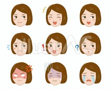若い女性の顔だけ表情いろいろセット