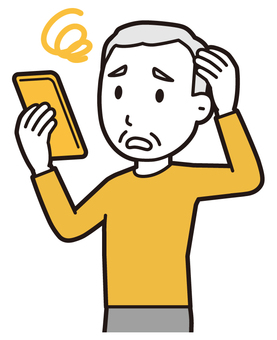 ロンTお爺さん(黄)-339-バスト スマホ,困った,お爺さん,高齢者,老人,男性,祖父,人物,かわいい,悩むのイラスト素材