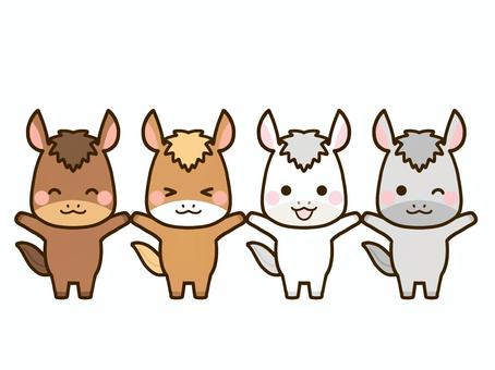 午年を祝う４頭のあけおめ馬 馬,午年,十二支,午,干支,動物,白馬,二匹,生き物,家族のイラスト素材