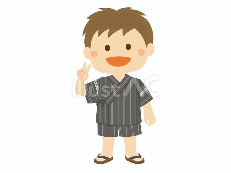 甚平の男の子1_グレー縞柄 こども,甚平,夏休みのイラスト素材