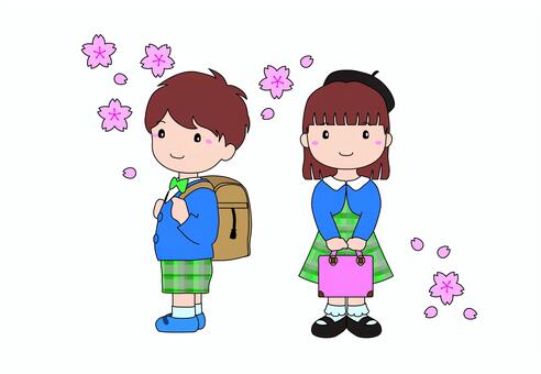 こどものせいかつ【４月】 こども,男の子,女の子,幼児,児童,幼稚園,保育園,小学生,園児,２人のイラスト素材