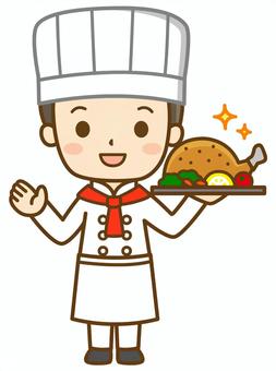 料理を持つシェフ(全身図) シェフ,コック,料理人,調理師,コック帽,料理,調理,キッチン,厨房,レストランのイラスト素材