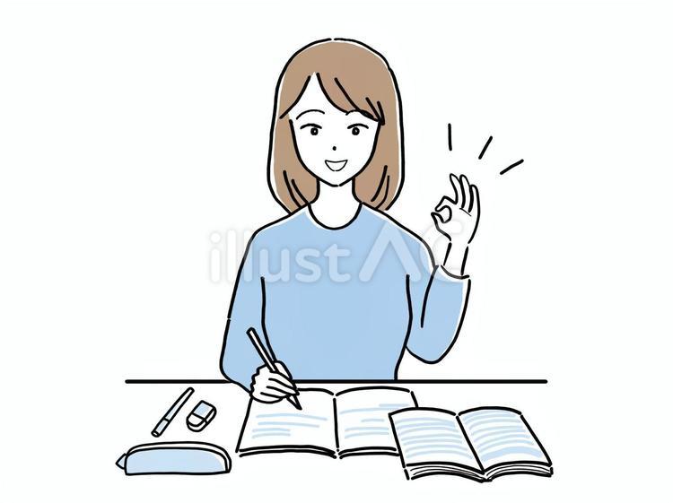 勉強をする若い女性　OKサイン 勉強,試験,テストのイラスト素材