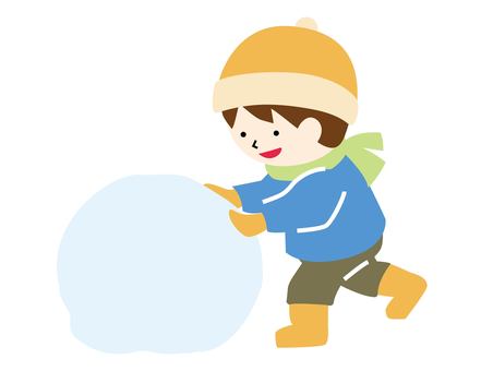 雪だるまを作ろうとする少年のイラスト 雪だるま,雪,少年,子ども,男の子,小学生,雪玉,冬,帽子,マフラーのイラスト素材
