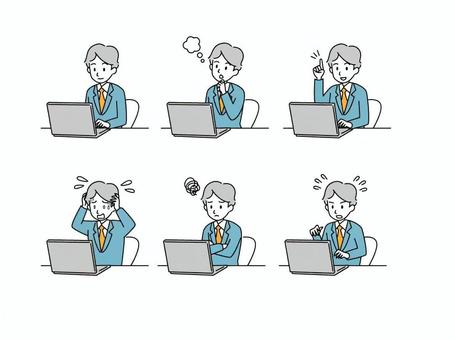 パソコンに向かう男性 ビジネス,男性,かわいい,パソコン,オフィス,シンプル,セット,悩む,焦る,指さしのイラスト素材