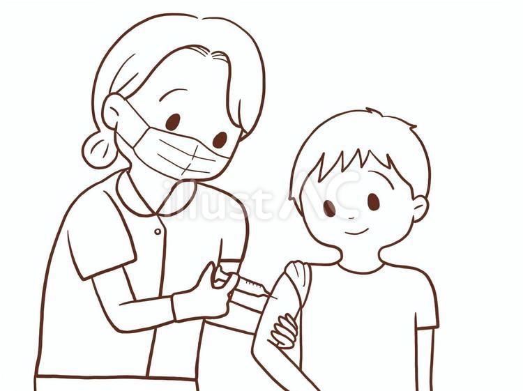 注射を受ける男の子(マスクあり色なし) 女性,看護師,医療のイラスト素材