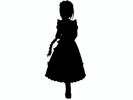 ロング三つ編みメイドさん立ち絵シルエット メイド,女の子,シルエット,立ち絵,trpg,全身,人物,黒,少女,女性のイラスト素材