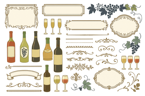 葡萄とワインのレトロフレームセット透過済