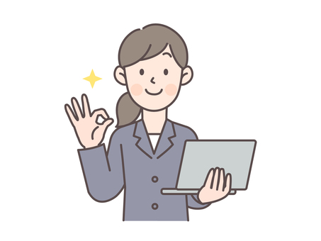 A female office worker making an OK sign while holding a laptop, people, employee, female, JPG, PNG and AI