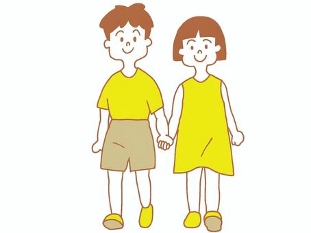 手を繋いで歩く兄妹 手,つなぐ,歩く,子供,兄妹,兄弟,友達,女の子,男の子,2人のイラスト素材