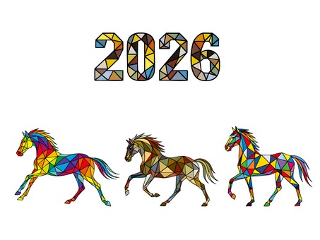 2026年賀状　歩～走馬ステンドグラス風 馬,ラインアート,お洒落,動物,アイコン,全身,素材,歩,走り,午のイラスト素材