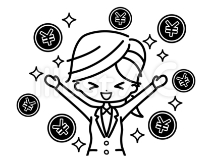 お金を手に入れた女性・スーツ1(白黒)