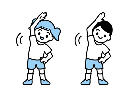 準備体操・ラジオ体操をする子ども03 人物,子ども,女の子,男の子,体操着,保育園,幼稚園,こども園,福祉施設,小学校のイラスト素材