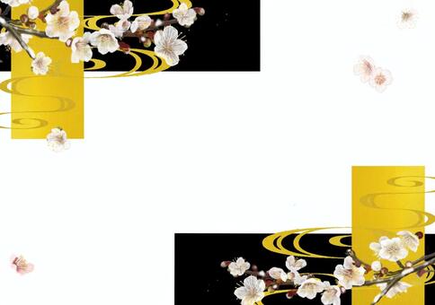 手描き梅と金の和風フレーム 梅,白梅,金箔,金,和,和風,和柄,水流紋様,日本,フレームのイラスト素材