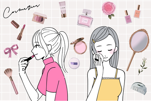 女性とコスメのイラスト 美容,メイク,女性,コスメ,化粧,化粧品,メイクアップ,美容イラスト,女性イラスト,女の人のイラスト素材