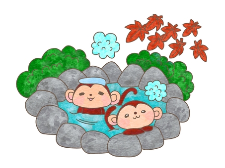 もみじと猿の露天風呂 温泉,猿,露天風呂,秋,冬,可愛い,手書き,動物,挿絵,あたたかいのイラスト素材