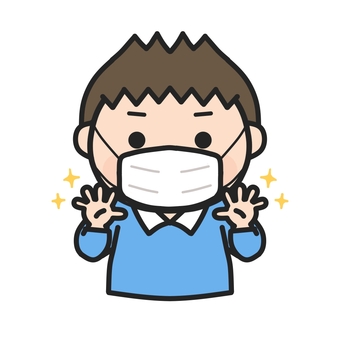 洗った手をみせるマスクをした男の子2 保健だより,マスク,手洗い,病院,小児科,耳鼻科,手洗い指導,てあらい,清潔,衛生のイラスト素材