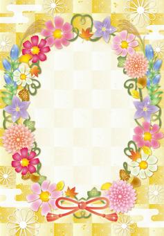 秋の草花リース和風カード（縦） 敬老の日,秋,花,和,キラキラ,かわいい,フレーム,背景,カード,秋桜のイラスト素材