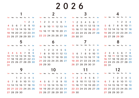 2026年の年間カレンダー　シンプル 年間,カレンダー,2026,令和8年,年間カレンダー,1月はじまり,日曜はじまり,a4,暦,スケジュールのイラスト素材